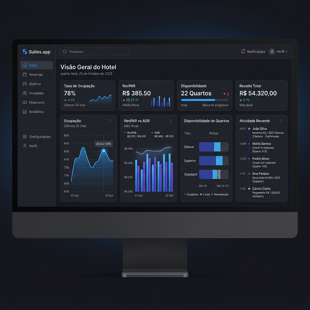 Suites App Dashboard Mockup em Português